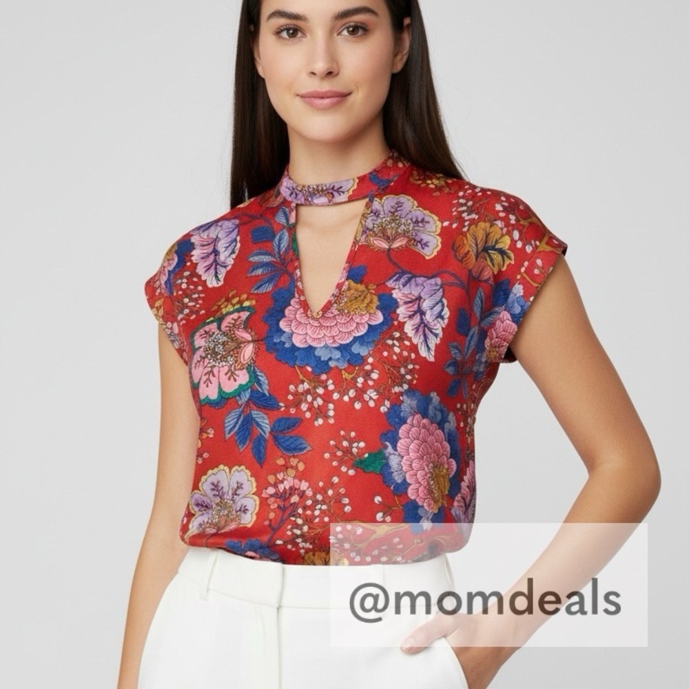 Express Red Oriental Blossoms Choker Cap-sleeve Silky Blouse XXS TTP Light - Picture 1 of 16